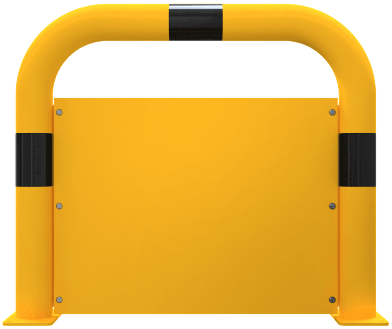Barrière de protection en acier Ø 76 mm avec plaque fermée – Jaune/noir