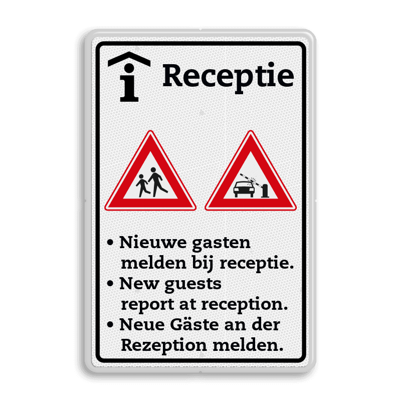 Informatiebord gasten melden bij receptie meertalig - reflecterend