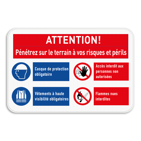 Panneau de sécurité de terrain - Pénétrez à vos risques avec 4 pictogrammes