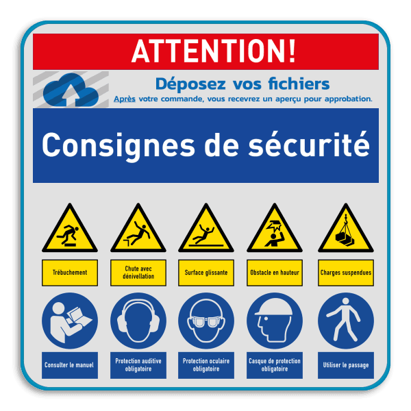 Panneau de sécurité avec instruction de sécurité et 10 pictogrammes