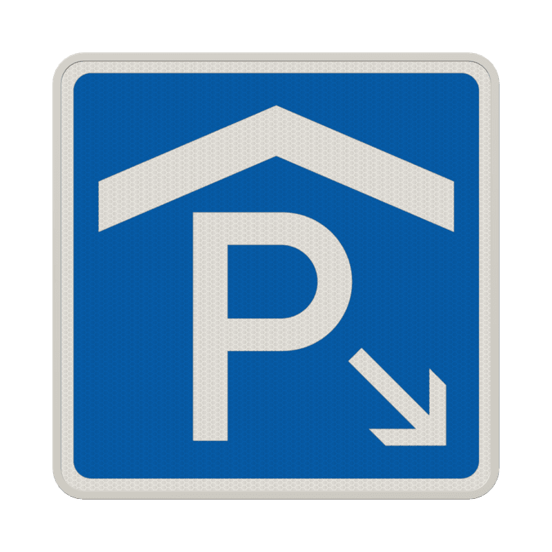 Verkehrszeichen 314-50 – Parkhaus, Parkgarage mit weißem Pfeil
