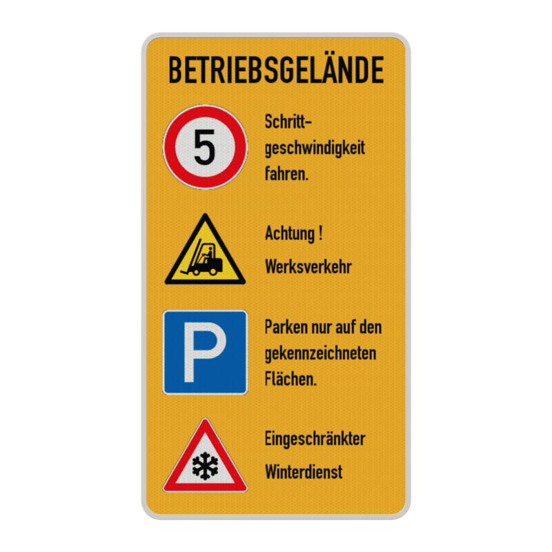 Kombischild Betriebsgelände - Schrittgeschwindigkeit, Werksverkehr, Parken, Winterdienst