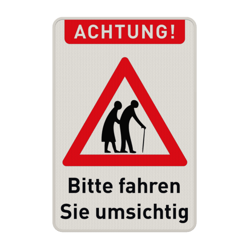 Warnschilder - ACHTUNG!, Ältere Menschen. Bitte fahren Sie umsichtig