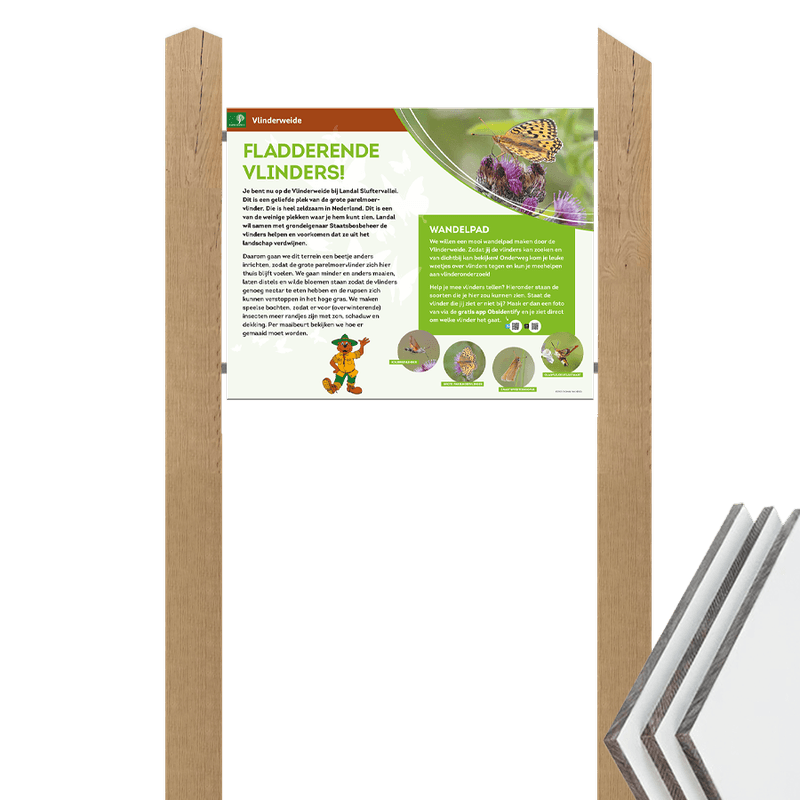 Panneau d'information en stratifié compact avec montants en bois – avec design/impression personnalisée