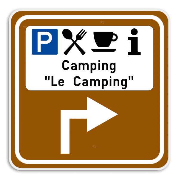 Panneau Touristique – 4 Pictogrammes + Texte + Flèche Directionnelle