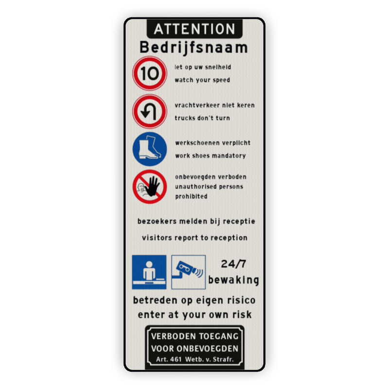 Verkeersbord toegang terrein verkeersregels en informatie bezoekers engels/nederlands - reflecterend