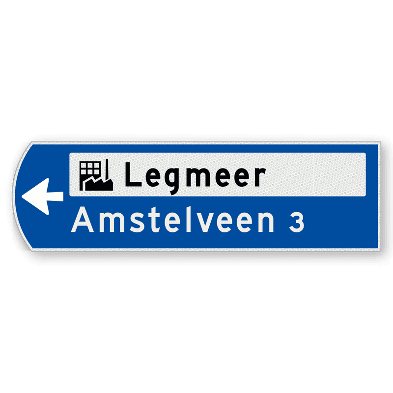 Handwegwijzer klein linkswijzend met picto en zwarte en witte tekst 990x295mm