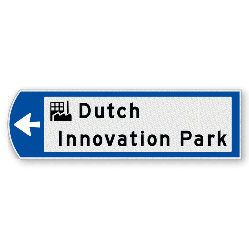 Handwegwijzer klein linkswijzend met pictogram bovenin en 2 regelige zwarte tekst 990x295mm