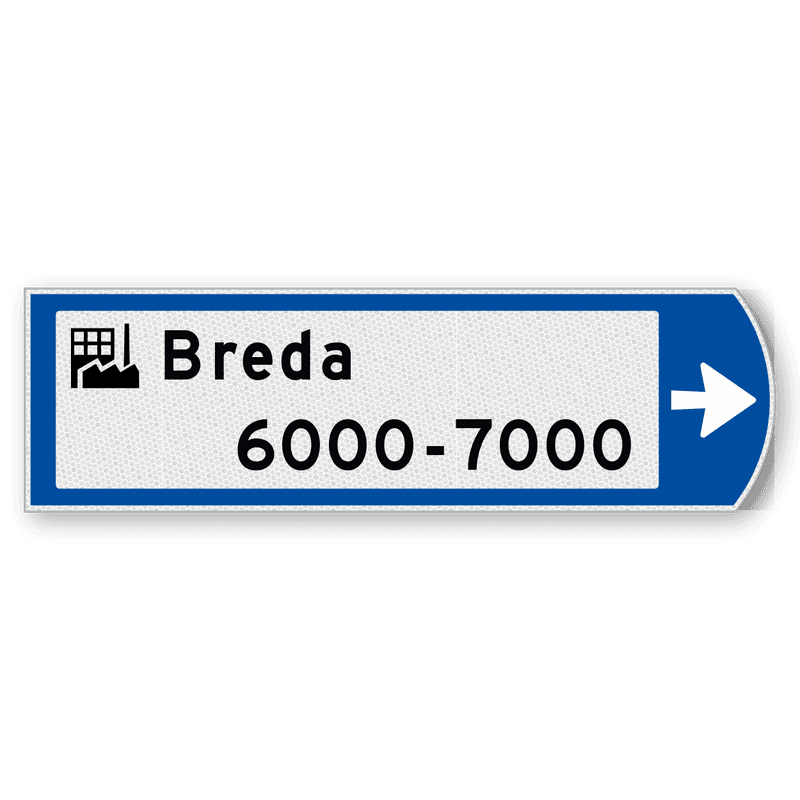 Handwegwijzer klein rechtswijzend met pictogram bovenin en 2 regelige zwarte tekst 990x295mm