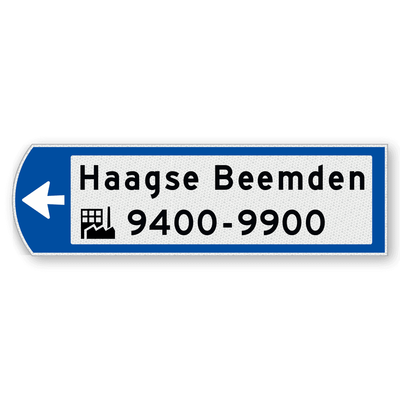 Handwegwijzer klein linkswijzend met pictogram onderin en zwarte tekst 990x295mm