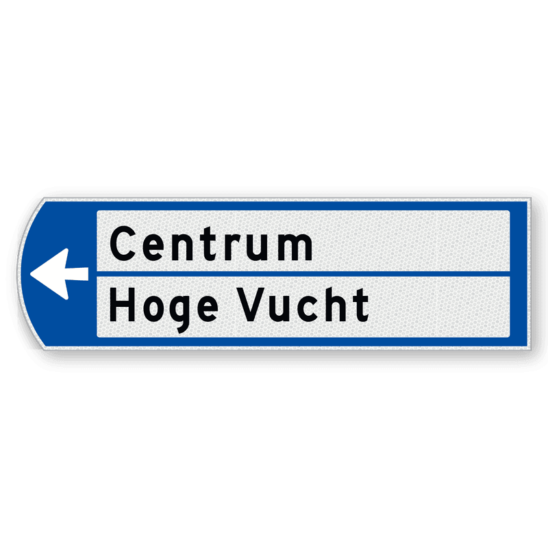 Handwegwijzer klein linkswijzend met 2 witte vlakken en zwarte tekst 990x295mm