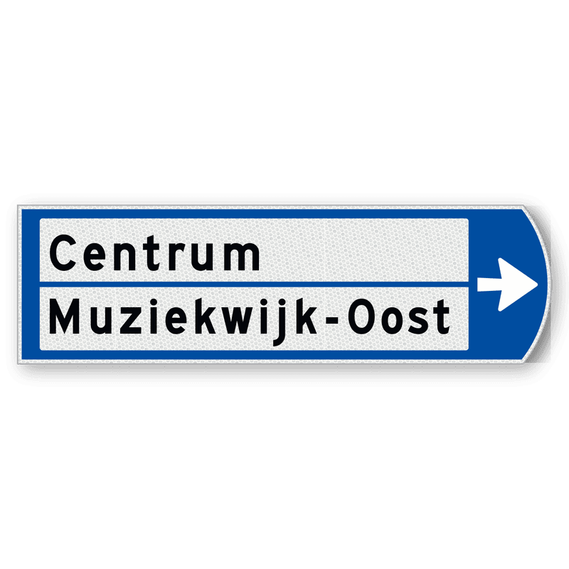 Handwegwijzer klein rechtswijzend met 2 witte vlakken en zwarte tekst 990x295mm
