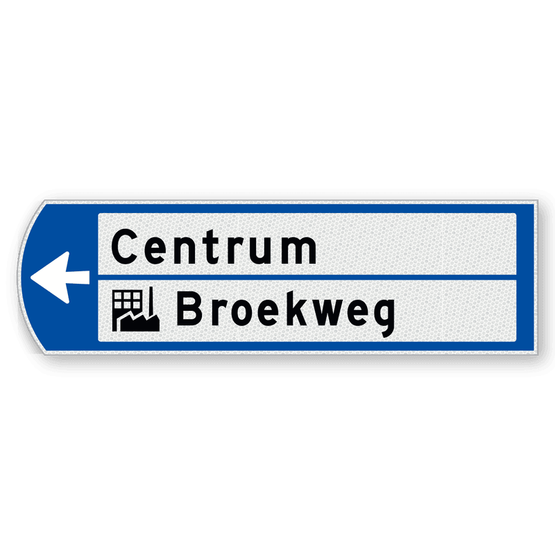Handwegwijzer klein linkswijzend met 2 witte vlakken, pictogram onderin zwarte tekst 990x295mm
