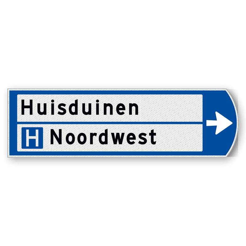 Handwegwijzer klein rechtswijzend met 2 witte vlakken, pictogram onderin zwarte tekst 990x295mm
