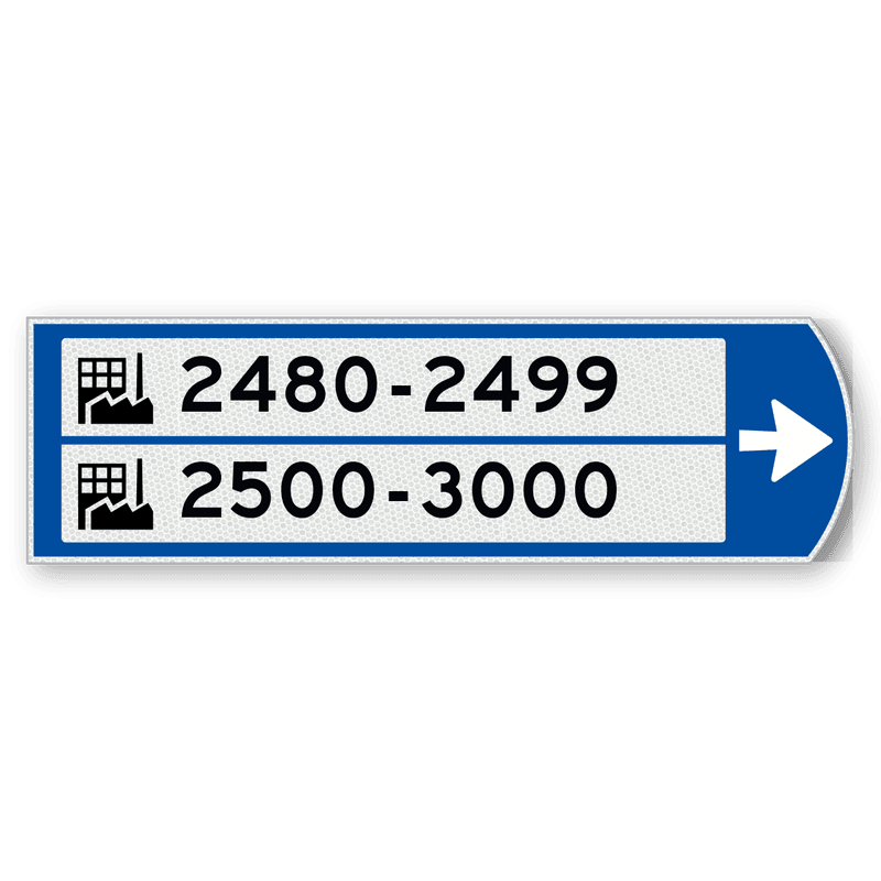 Handwegwijzer klein rechtswijzend met 2 witte vlakken, met 2 pictogrammen en zwarte tekst 990x295mm