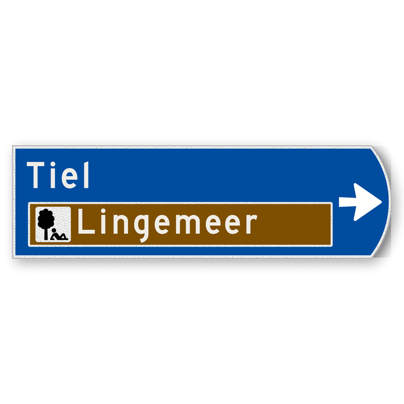 Handwegwijzer klein rechtswijzend met witte tekst en bruin veld onderin 990x295