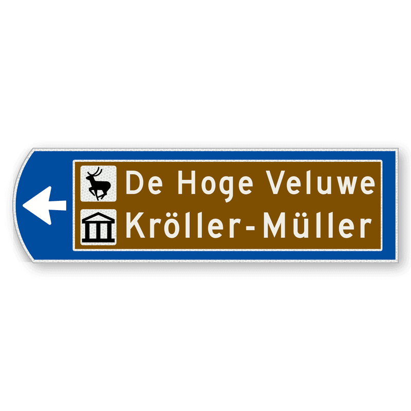 Handwegwijzer klein linkswijzend met bruin veld met 2 pictogrammen en tekst 990x295