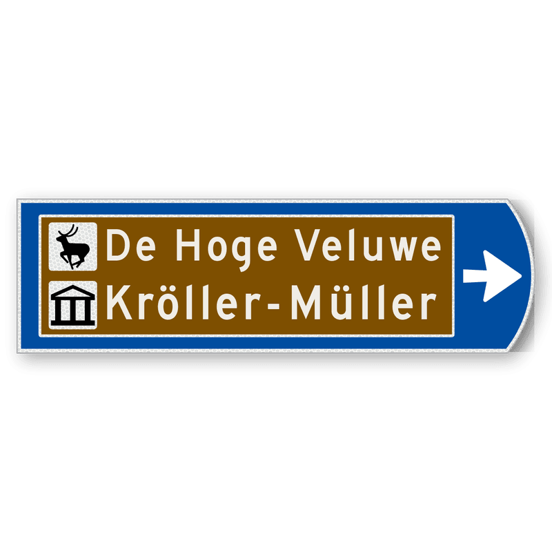 Handwegwijzer klein rechtswijzend met bruin veld met 2 pictogrammen en tekst 990x295