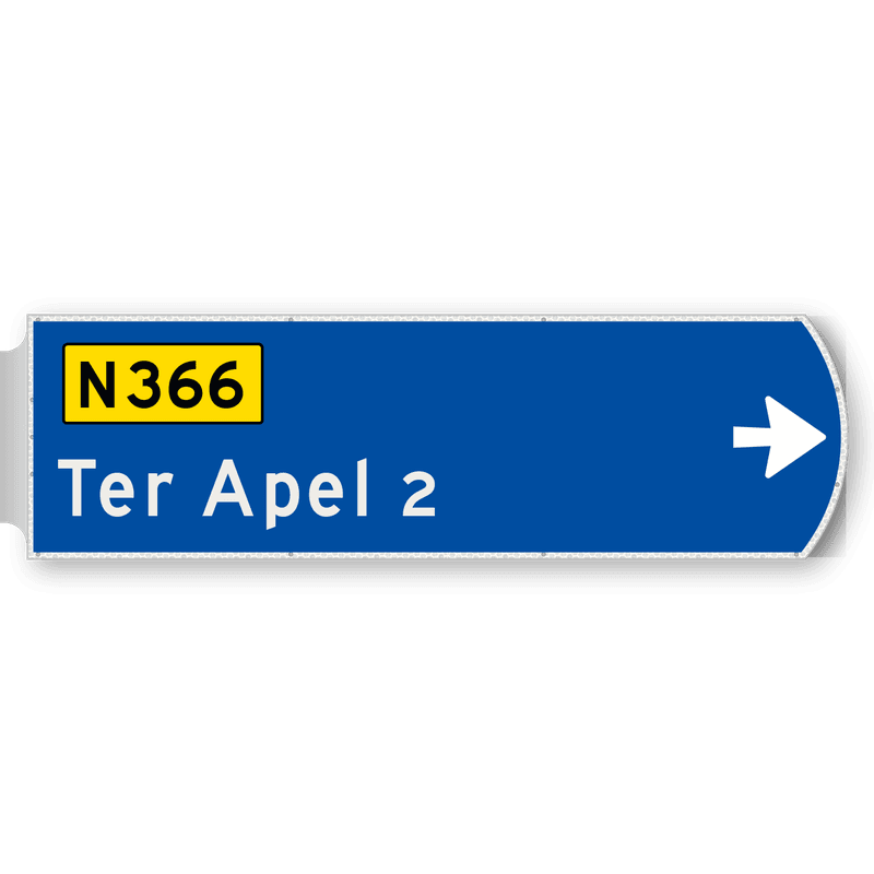 Handwegwijzer groot rechtswijzend met autowegnummer en plaatsnaam 1623x481mm