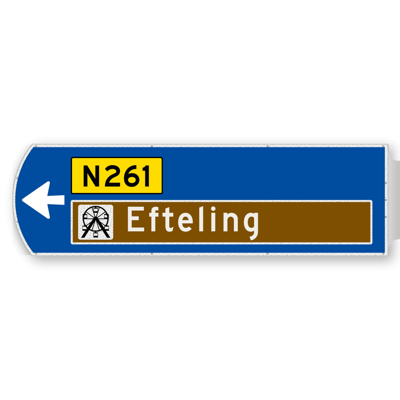 Handwegwijzer groot linkswijzend met autowegnummer en met picto toeristisch 1623x481mm