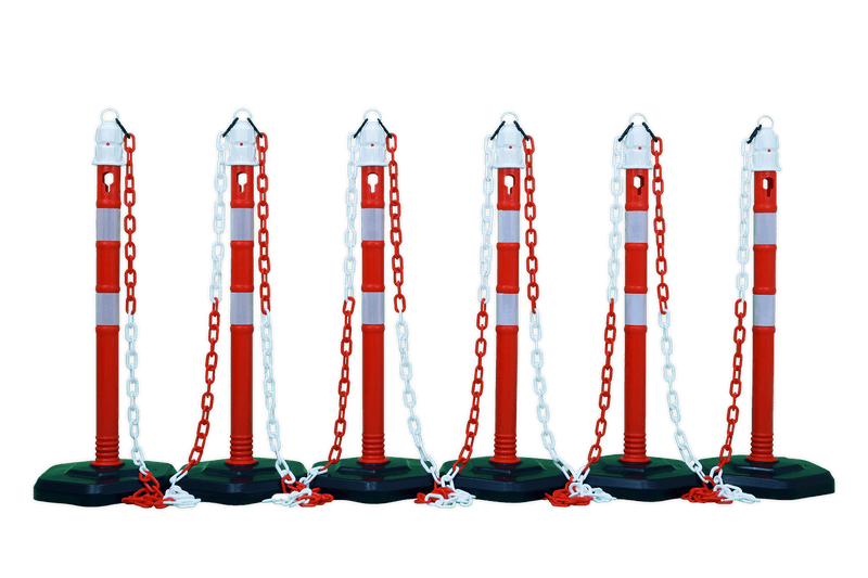 Kunststof afzetpaaltjes met ketting rood/wit met vaste voet - set 6 stuks