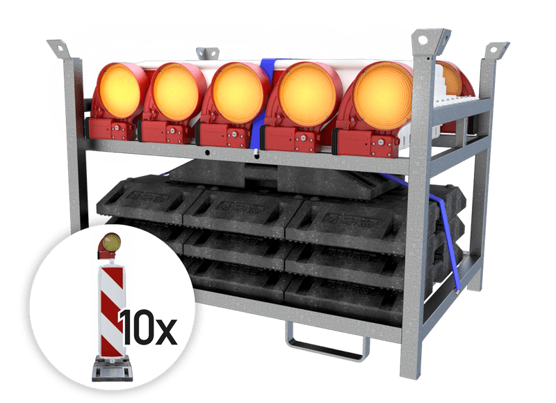 Leitbaken 2-seitig RA1 (set 10 stück) mit Fußplatten, Lampen und Lager- und Transportpalette