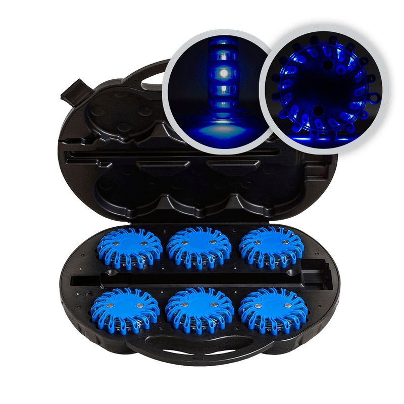 Lampe d’avertissement LED RoadFLARE bleue – set de 6 pièces avec mallette incluse