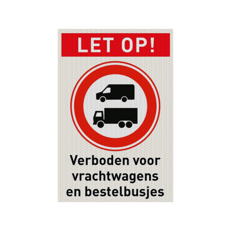 Veiligheidspictogram met tekst verboden voor vrachtwagens en bestelbusjes - reflecterend