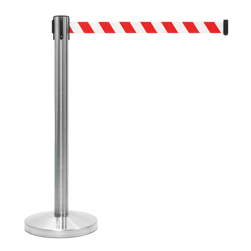 Poteau à sangle rétractable inox chromé avec ruban blanc/rouge 2 m