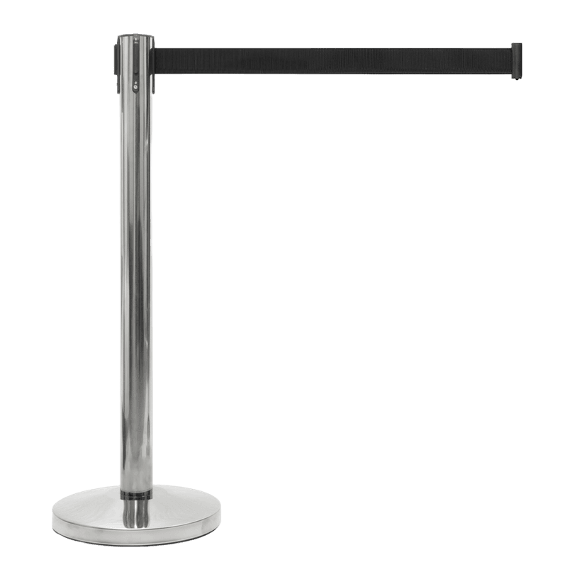 Poteau à sangle rétractable inox chromé avec ruban noir 2 m