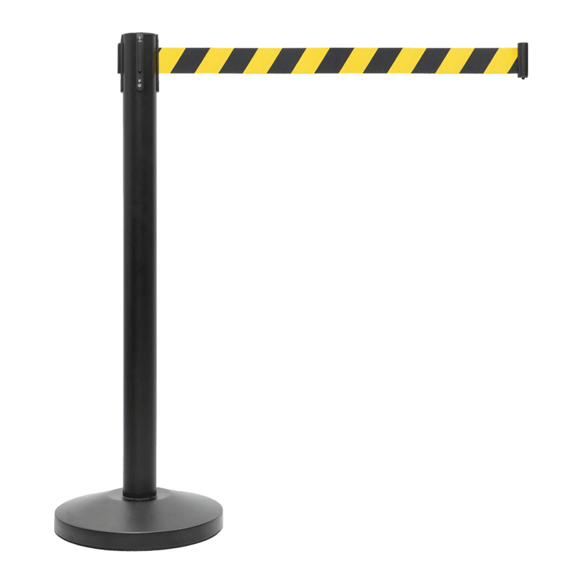 Poteau de balisage en acier noir avec sangle rétractable jaune/noir – 2 mètres