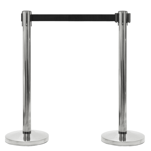 Afzetpaal RVS chroom met uittrekbaar lint zwart 2 meter - compleet set 2 stuks