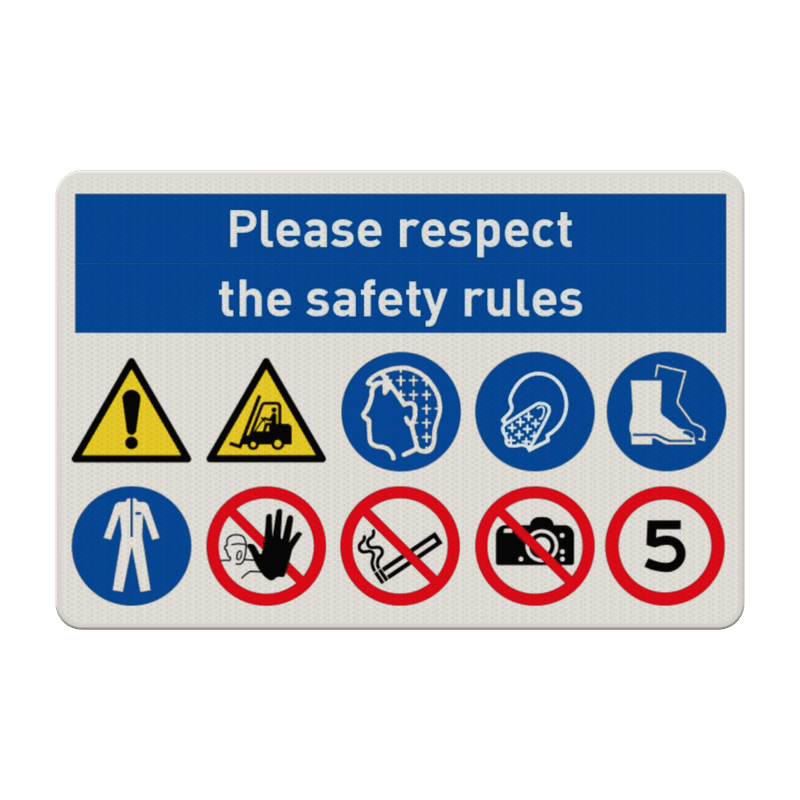 Veiligheidsbord safety rules met PBM pictogrammen - reflecterend