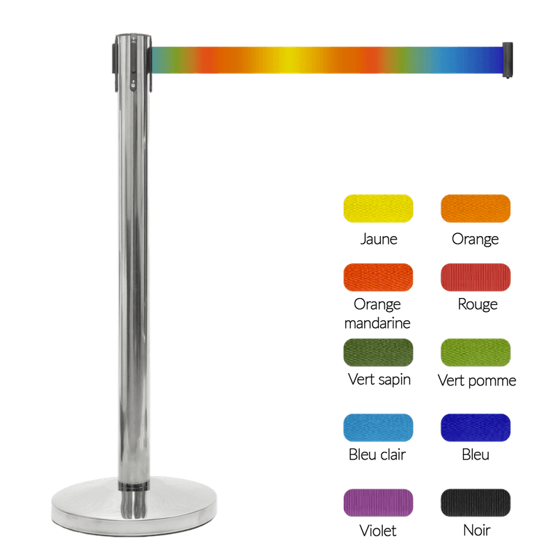 Poteau à sangle rétractable inox chromé avec ruban coloré 2 m