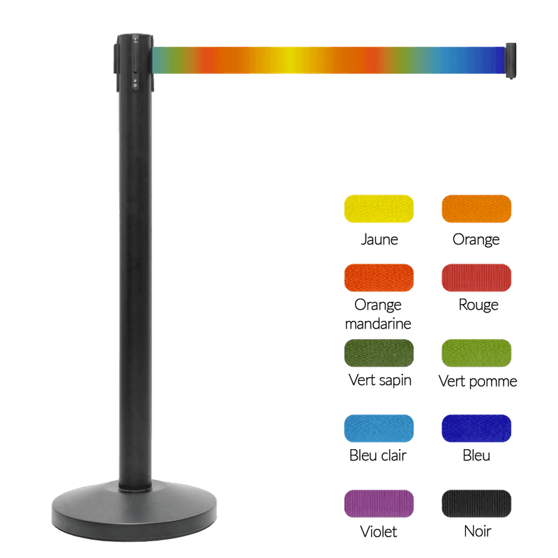 Poteau à sangle rétractable noir mat avec ruban coloré au choix