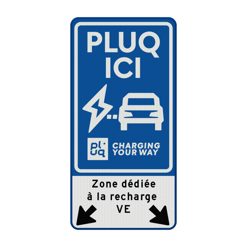 Verkeersbord oplaadpunt met tekst en pijlen - huisstijl Pluq - reflecterend (FR)