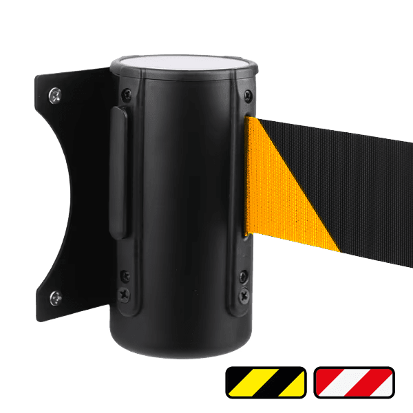 Wandhouder zwart met uittrekbaar lint 2 meter geel/zwart of wit/rood