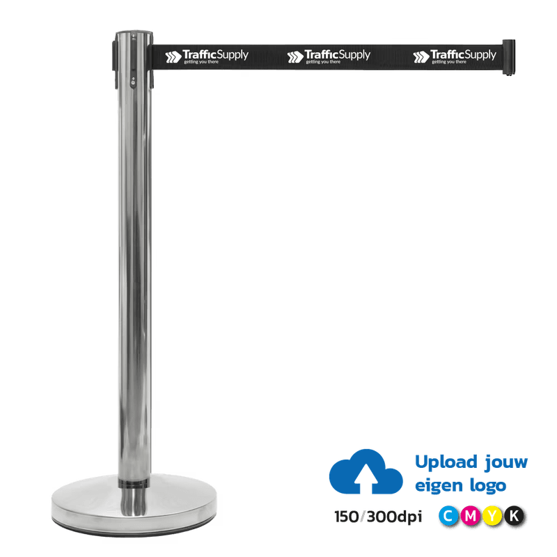 Poteau de balisage noir mat avec sangle rétractable noire – 2 mètres
