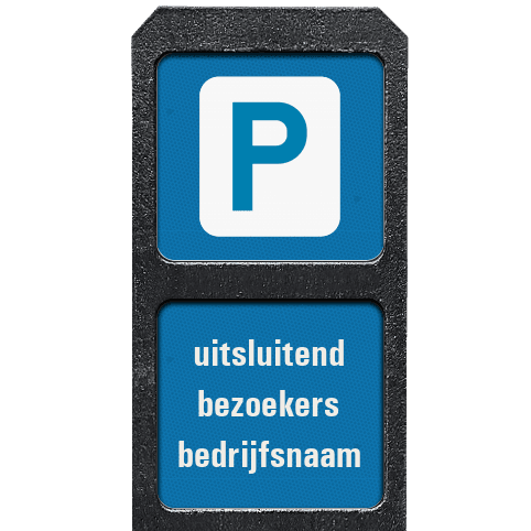 Bermpaal kunststof met twee bordjes parkeren uitsluitend bezoekers + bedrijfsnaam - reflecterend
