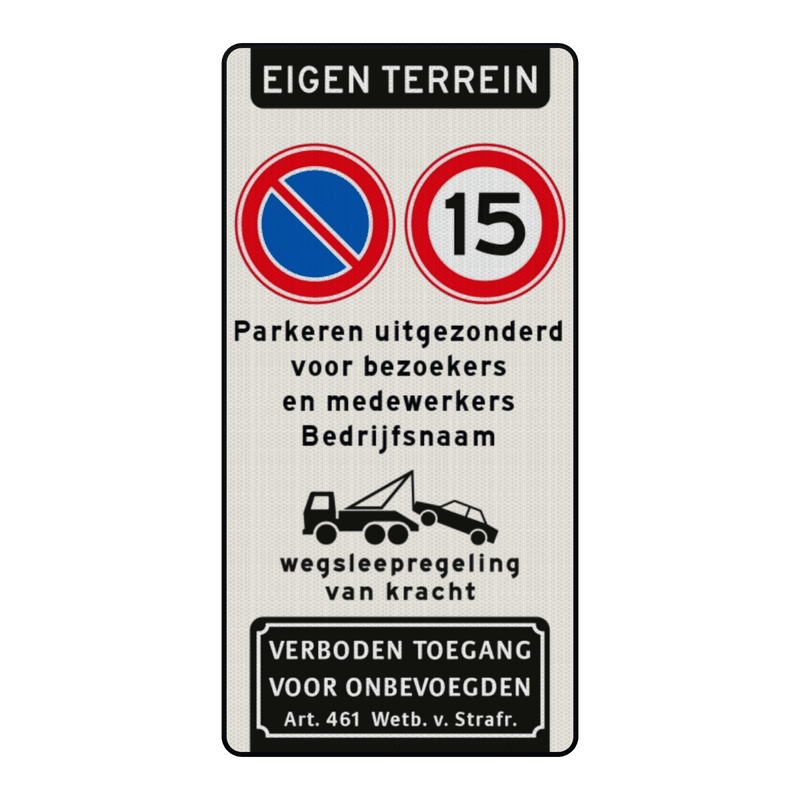 Verkeersbord bedrijfsnaam, parkeren bezoekers/medewerkers + snelheid 15km/u - reflecterend