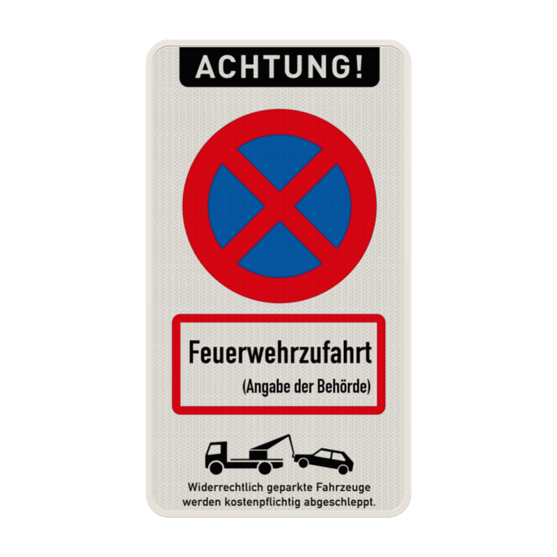 Parkverbotsschild, Absolutes Halteverbot, Feuerwehrzufahrt mit Angabe - reflektierend