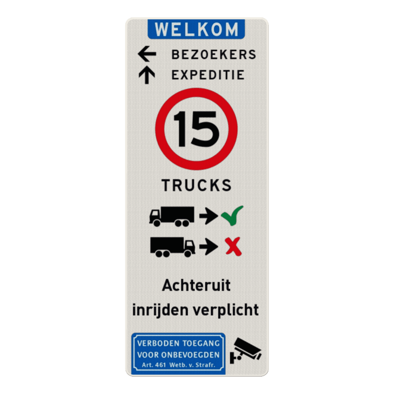 Toegangsbord ingang bedrijventerrein route, parkeren, vrachtverkeer - reflecterend