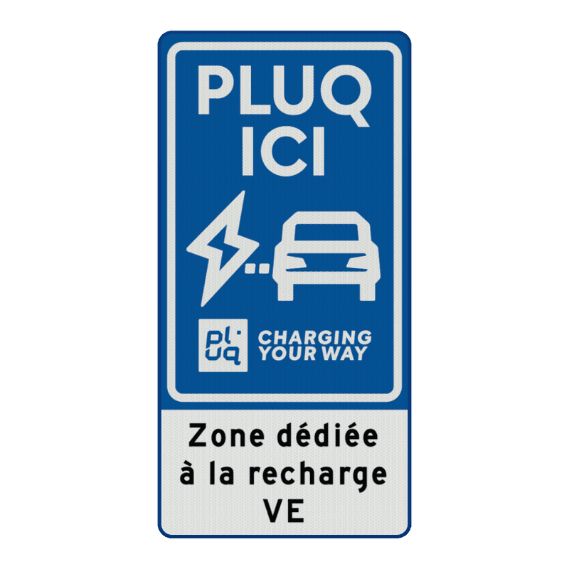 Verkeersbord oplaadpunt met tekst - huisstijl Pluq - reflecterend (FR)