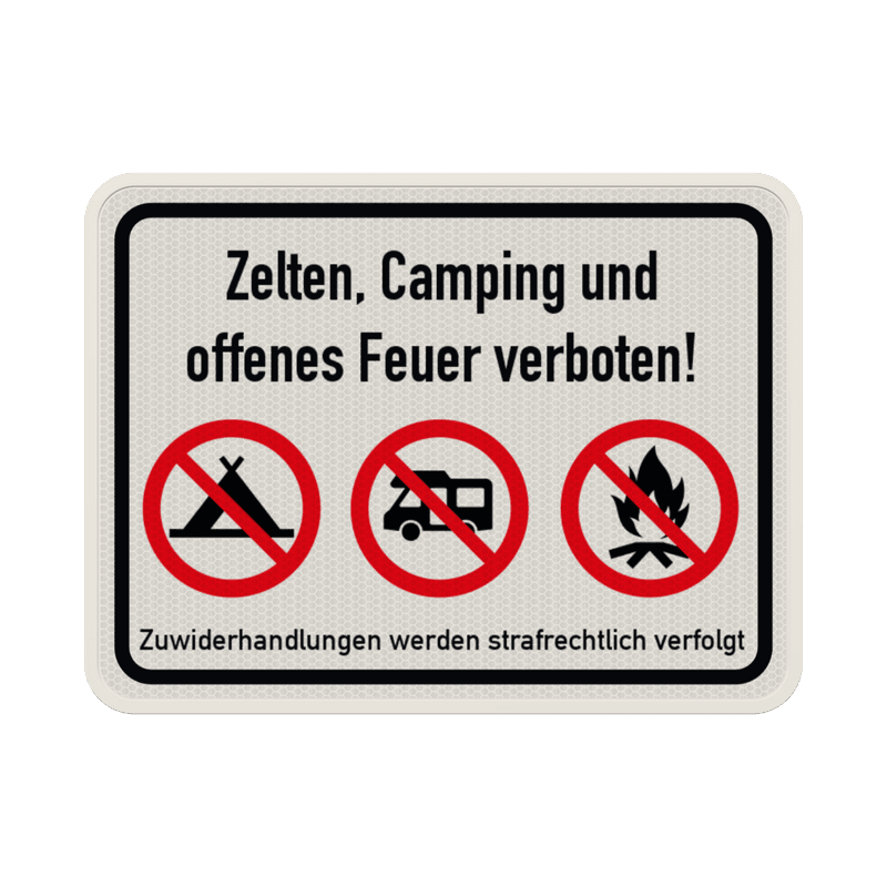 Schilder Zelten, Camping und offenes Feuer verboten - reflektierend