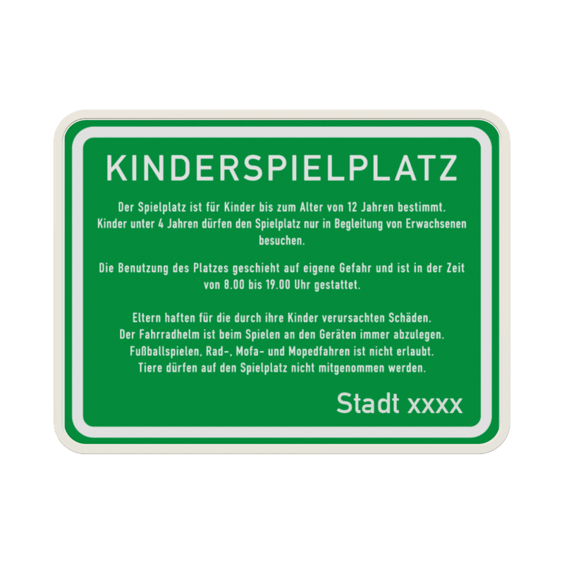 Schild Kinderspielplatz mit Stadtnamensbezeichnung - reflektierend