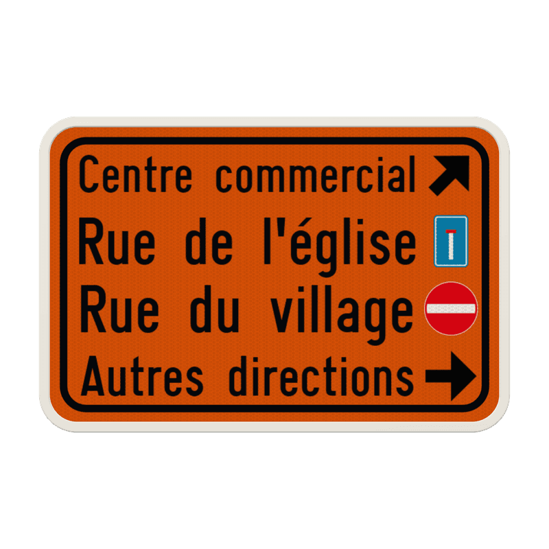 Panneau de signalisation - F39 - 4 blocs de texte + pictogrammes