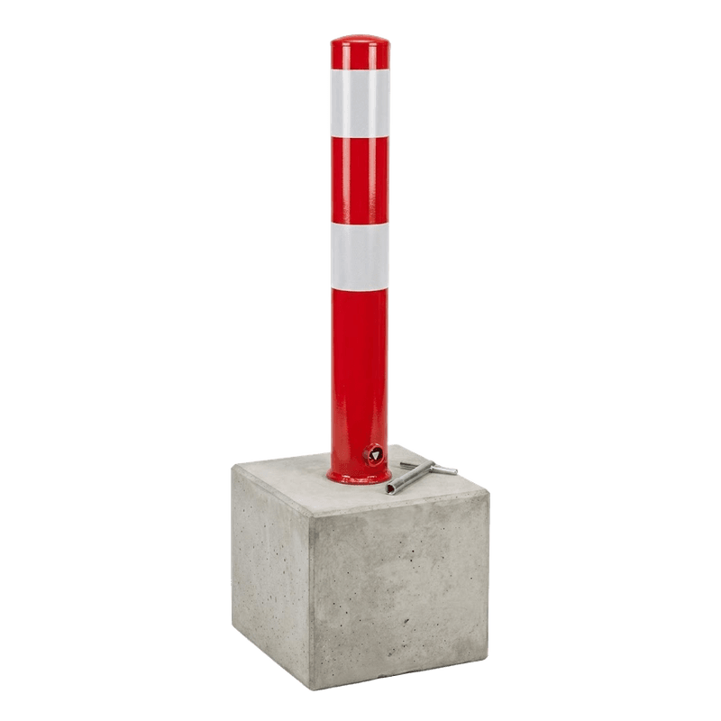 Afzetpaal staal rood/wit Ø89x750mm, verwijderbaar driekantslot met betonvoet