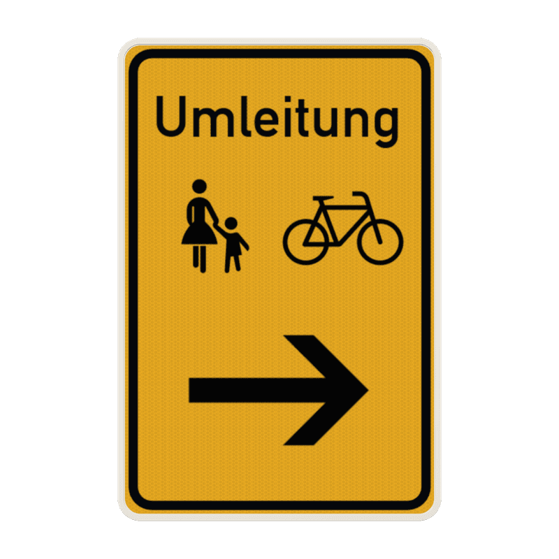 Verkehrsschilder, Umleitung Fussgänger und Fahrradfahrer mit Pfeil - reflektierend