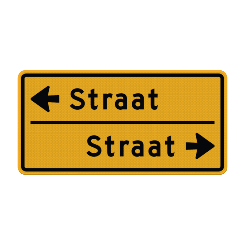 Straatnaambord geel 10 karakters 600x300 mm 2 regelig met pijl NEN 1772