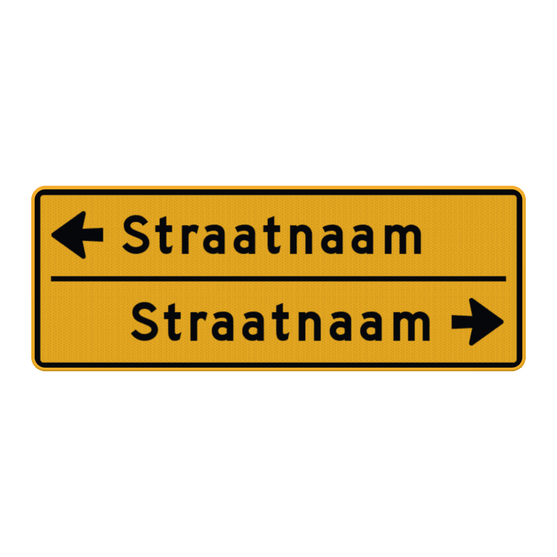Straatnaambord geel 14 karakters 800x300 mm 2 regelig met pijl NEN 1772